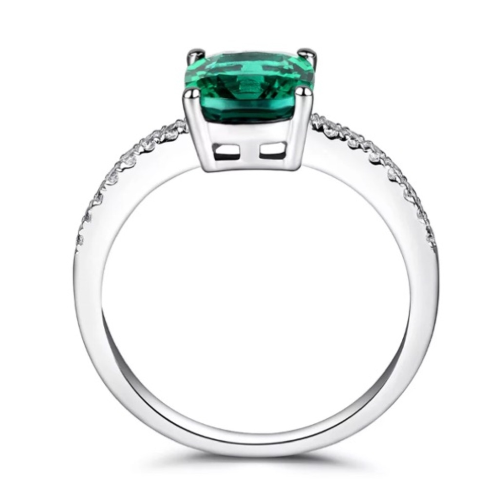 Dainty Cushion Cut Emerald & Diamond Silver Ring - Picture 6 of 6